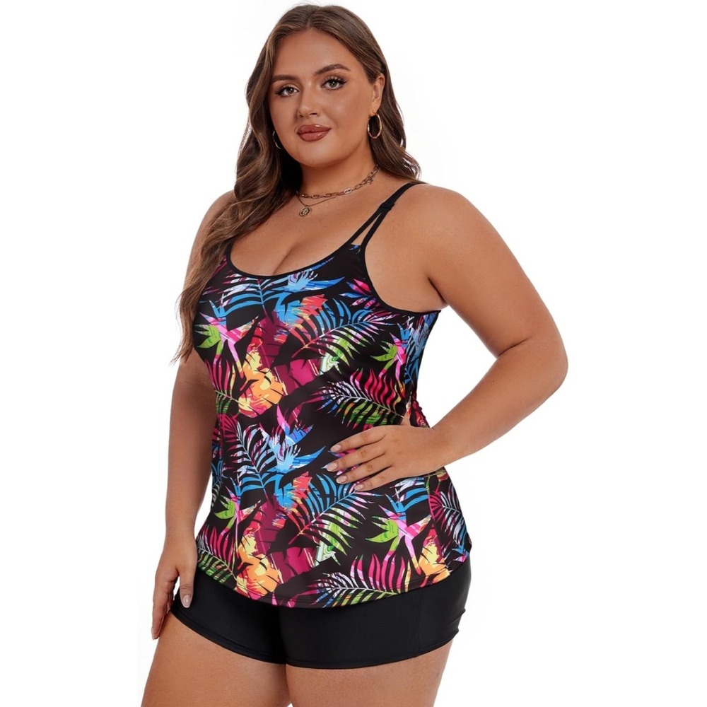 Womens Floral Tankini Set with Swim Shorts Black Tropical 18W NEW
